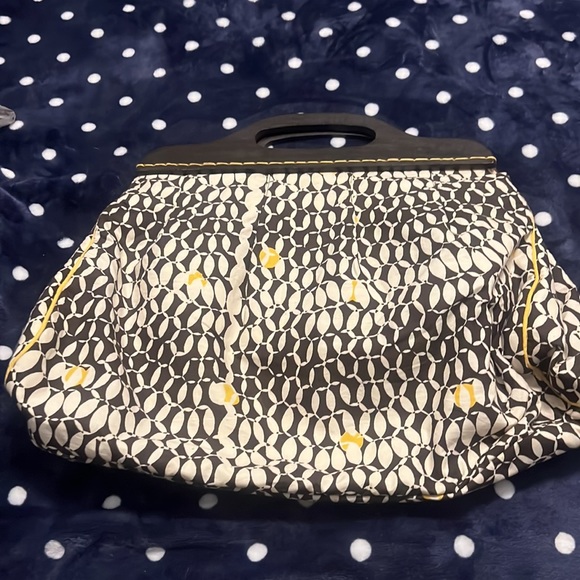 Icora canvas bag w/ wooden handles oversized maxi clutch indie boho brown yellow - Picture 2 of 5